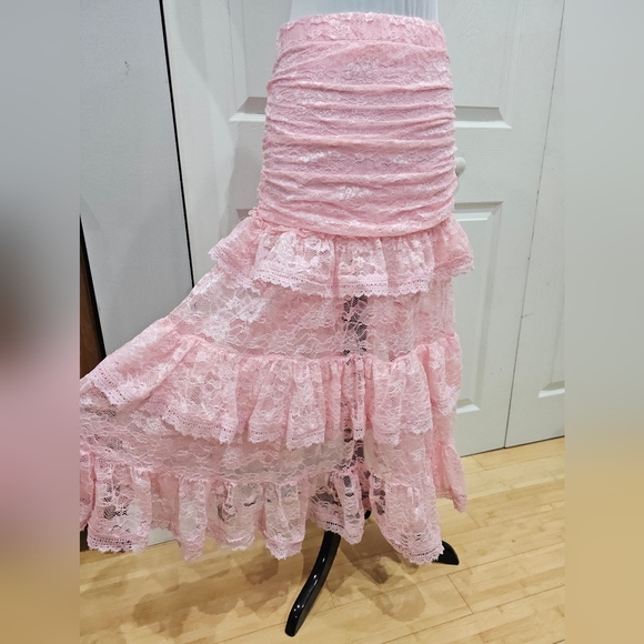 Dolls Kill Sugar Thrillz True Love Nonsense Pink Lace Maxi Tiered Bow Skirt M - Picture 9 of 12